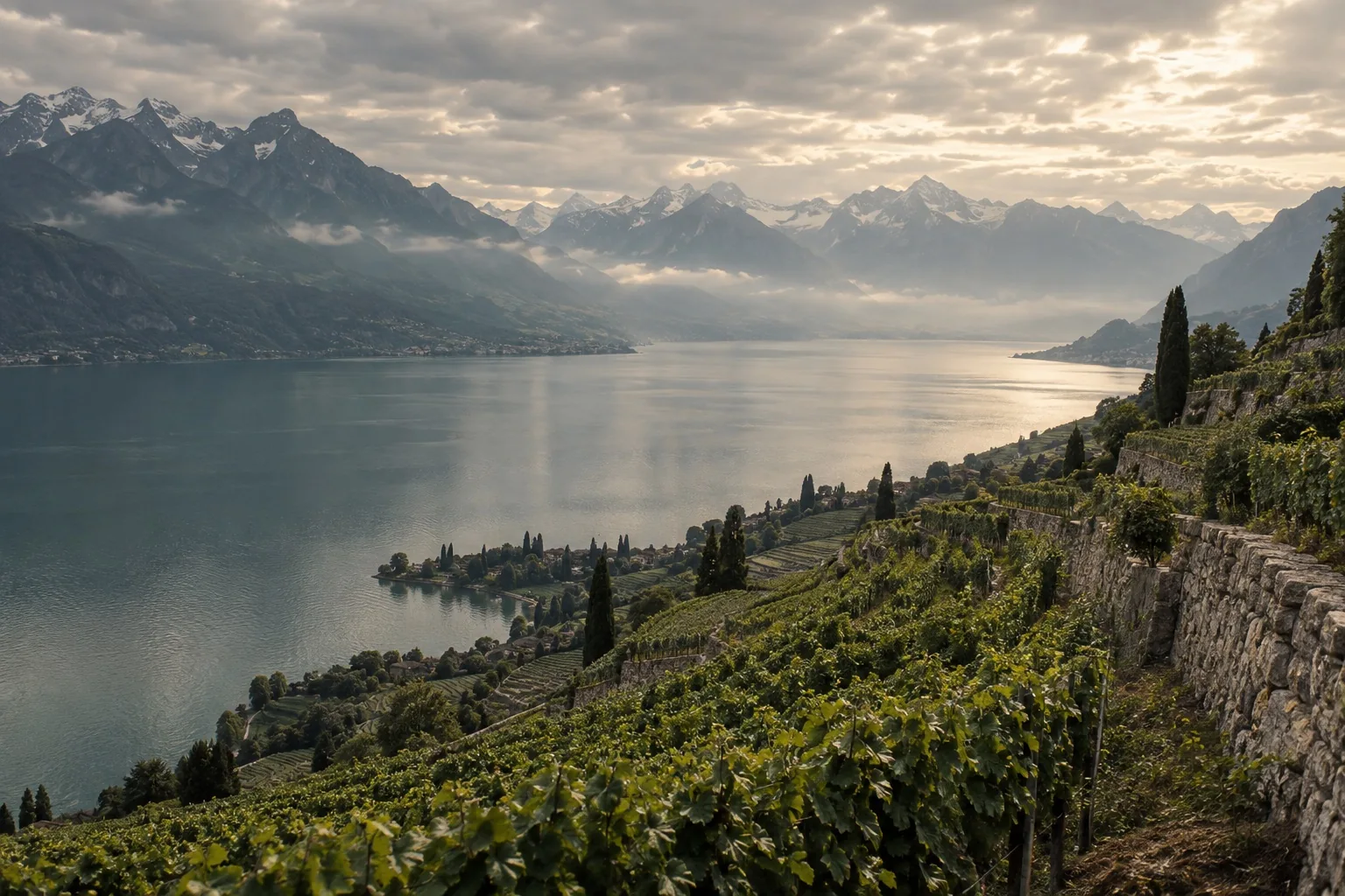 Artistic panorama of an Alpine lake and terraced vineyards