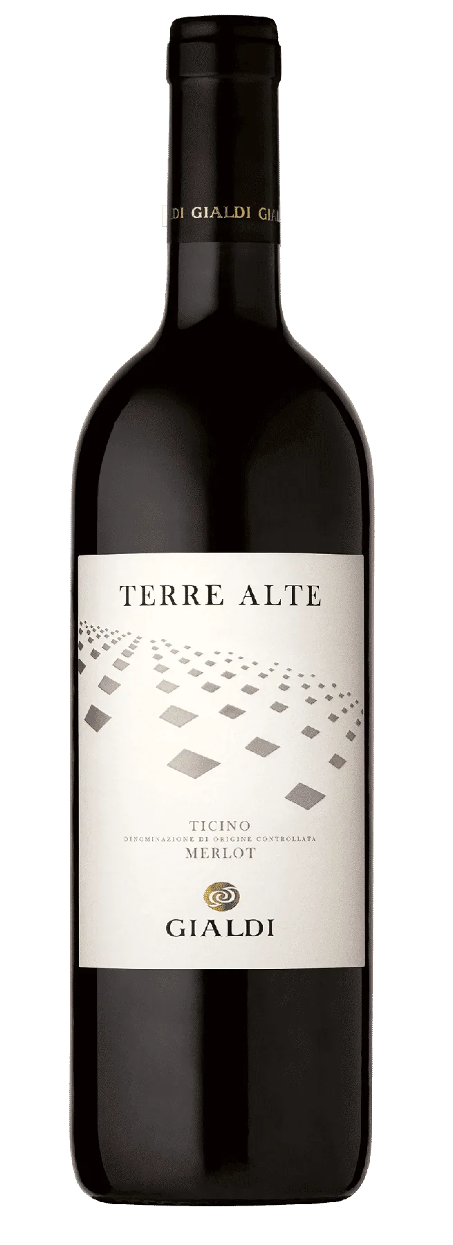 Official Gialdi Terre Alte bottle photograph: dark glass with a cream label, serif lettering and a geometric diamond pattern