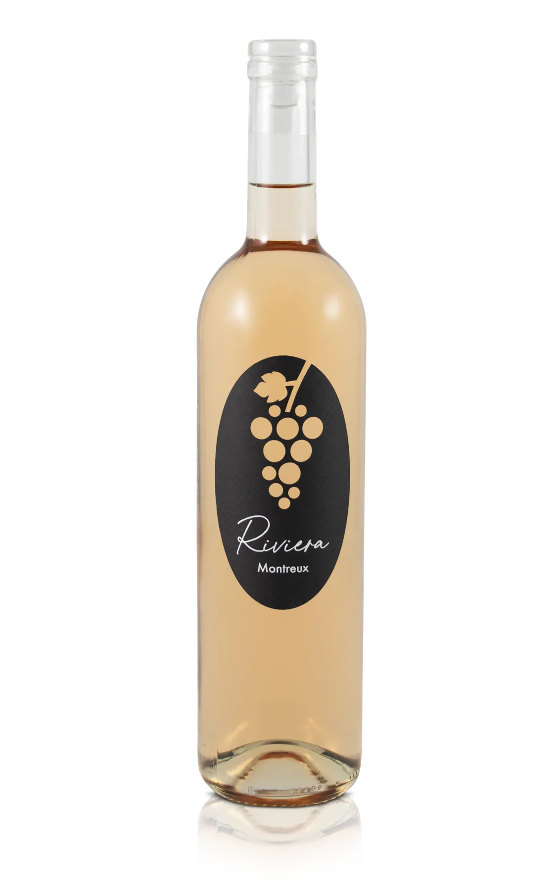 Official Riviera Rosé bottle photograph: pale glass, a black oval label and a gold grape motif